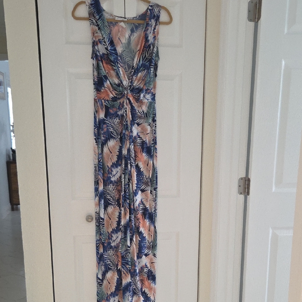 Patchington Blue and Pink Leaf Print Maxi Dress